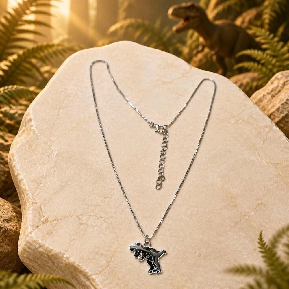Black T-Rex Dinosaur Pendant Necklace on Silver-tone adjustable chain